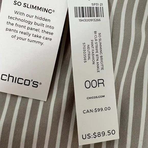 Chicos Womens So Slimming Brigitte Striped Button Ankle Pants Tan Neutral size 2 - Picture 3 of 15